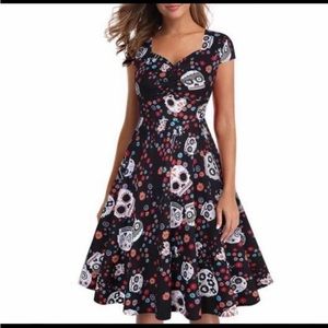 Oten Retro Vintage Look 50”a Style Sugar Skull and Floral Multicolored Dress